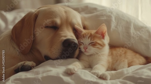 Wallpaper Mural A sleeping dog and cat snuggled together on a cozy bed, radiating warmth and companionship. Torontodigital.ca