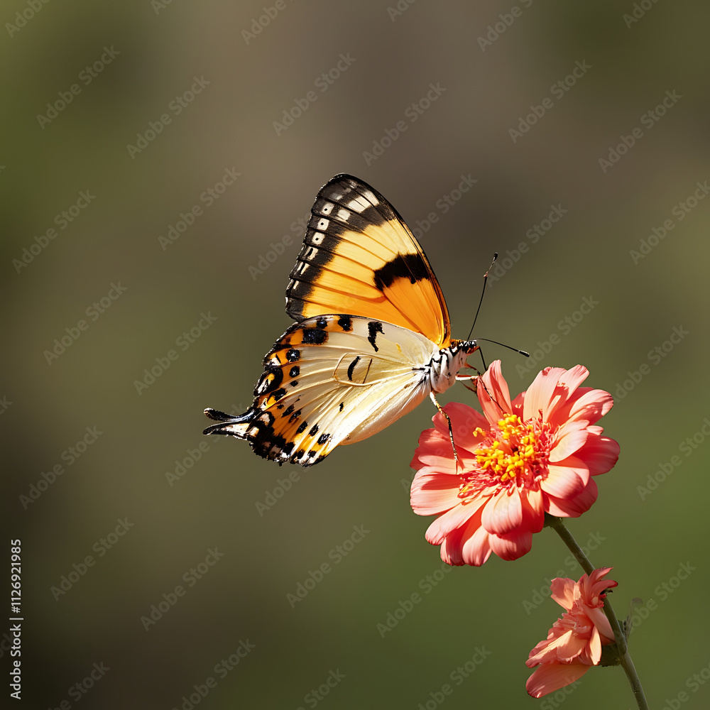 A vibrant butterfly resting on a delicate flower. A vibrant butterfly resting on a delicate flower.