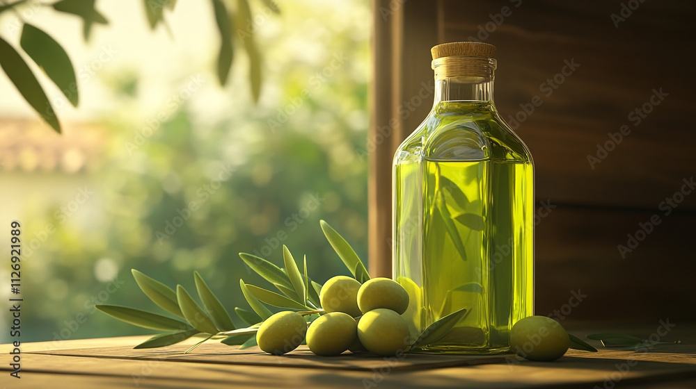 Freshly pressed olive oil displayed with olives and greenery in a natural setting Freshly pressed olive oil displayed with olives and greenery in a natural setting