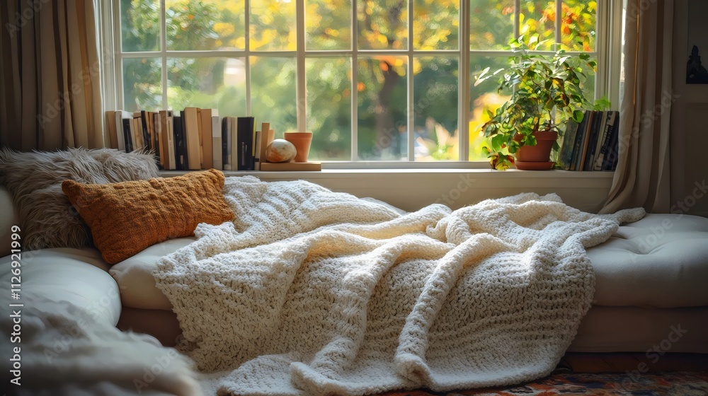 A cozy living room with a white blanket on a couch A cozy living room with a white blanket on a couch