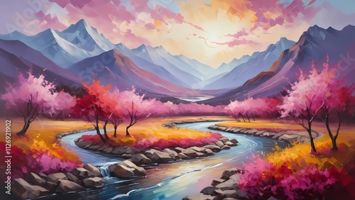 Beautiful autumn landscape with river and mountains. Digital art painting.