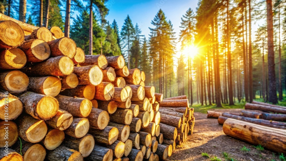Stacked logs illuminated by the golden rays of a setting sun in a dense pine forest Stacked logs illuminated by the golden rays of a setting sun in a dense pine forest