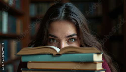 Young woman hides behind a stack of books in a library her eyes peering over the top.