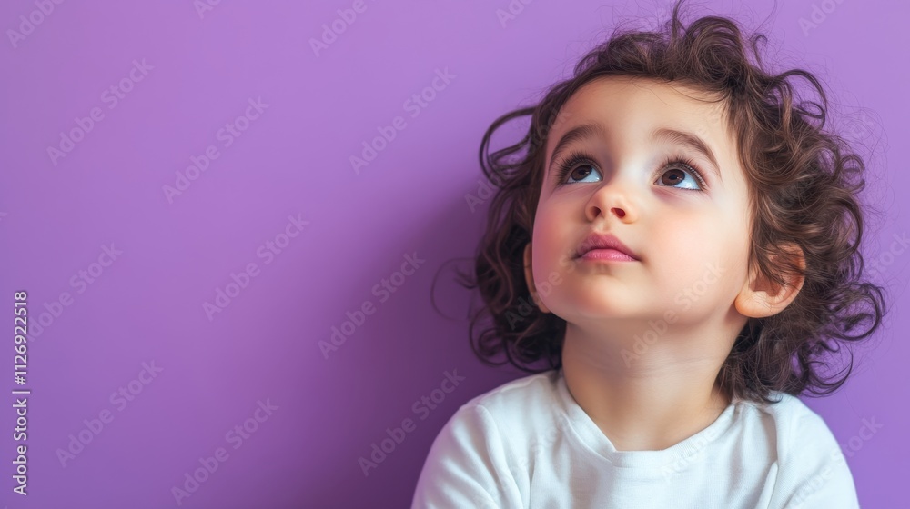 Curious Child Gazing Upwards in a Bright Purple Setting with Soft Natural Light Curious Child Gazing Upwards in a Bright Purple Setting with Soft Natural Light