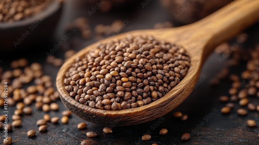 a wooden spoon with seeds in it a wooden spoon with seeds in it