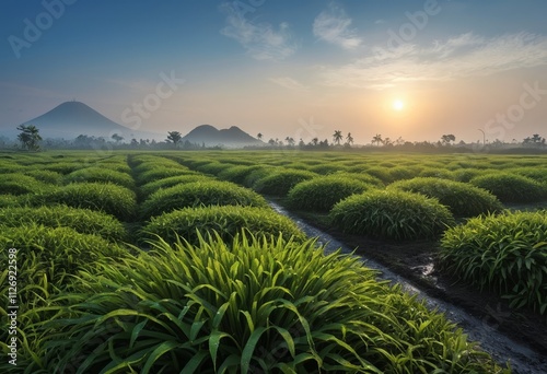 Landscape photo of a swamp with heavy rain on a lake that looks serene in the bright morning sunlight photo