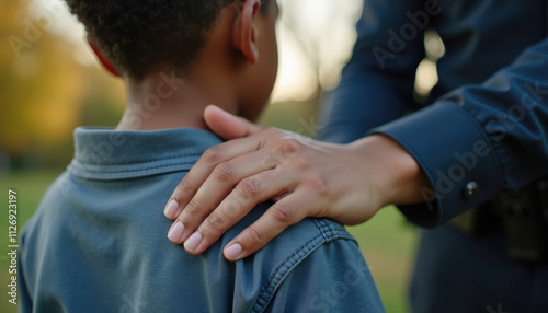 A comforting hand rests on a young boy's shoulder  offering solace and support.