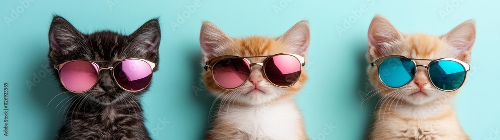 cute cat. Three stylish kittens wearing sunglasses pose playfully against a vibrant teal background, showcasing their unique personalities. cute cat. Three stylish kittens wearing sunglasses pose playfully against a vibrant teal background, showcasing their unique personalities.