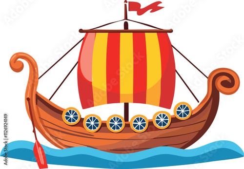 A colorful Viking ship with a red and yellow sail sailing on blue waves