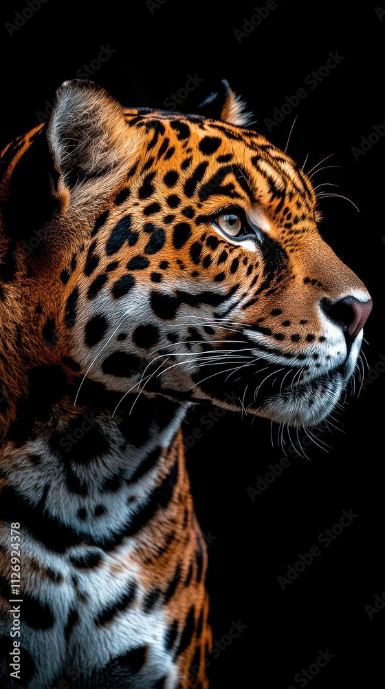 Obraz premium A detailed portrait of a jaguar showcasing its striking features and patterns.