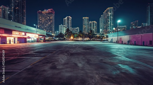 Nighttime urban landscape featuring empty parking lot and city skyline.