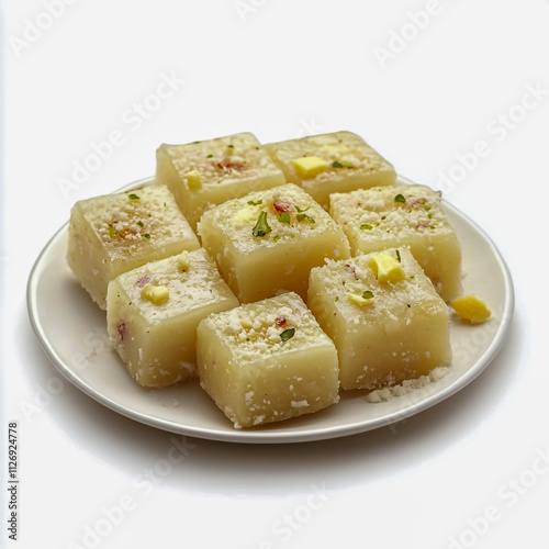 Barfi on plate isolated white background.