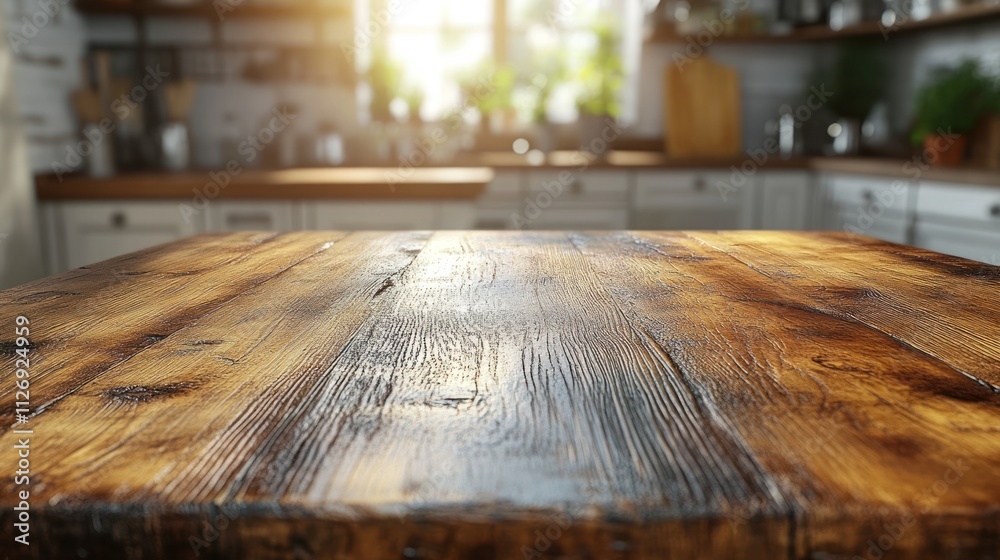 Rustic wooden countertop in a sunlit kitchen. Rustic wooden countertop in a sunlit kitchen.
