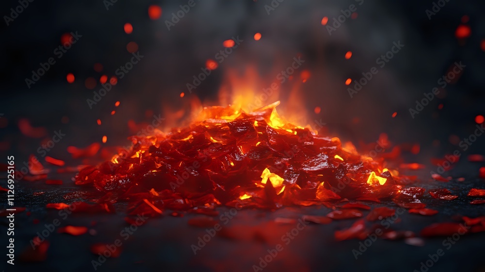 Fiery pile of burning red pepper flakes. Fiery pile of burning red pepper flakes.