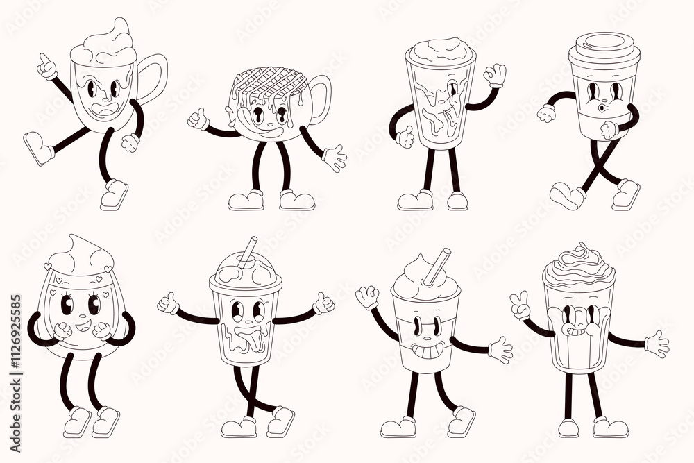 Set of groovy drink character in line art style. Perfect for cartoon retro design, branding, coloring books or playful beverage related design. Set of groovy drink character in line art style. Perfect for cartoon retro design, branding, coloring books or playful beverage related design.
