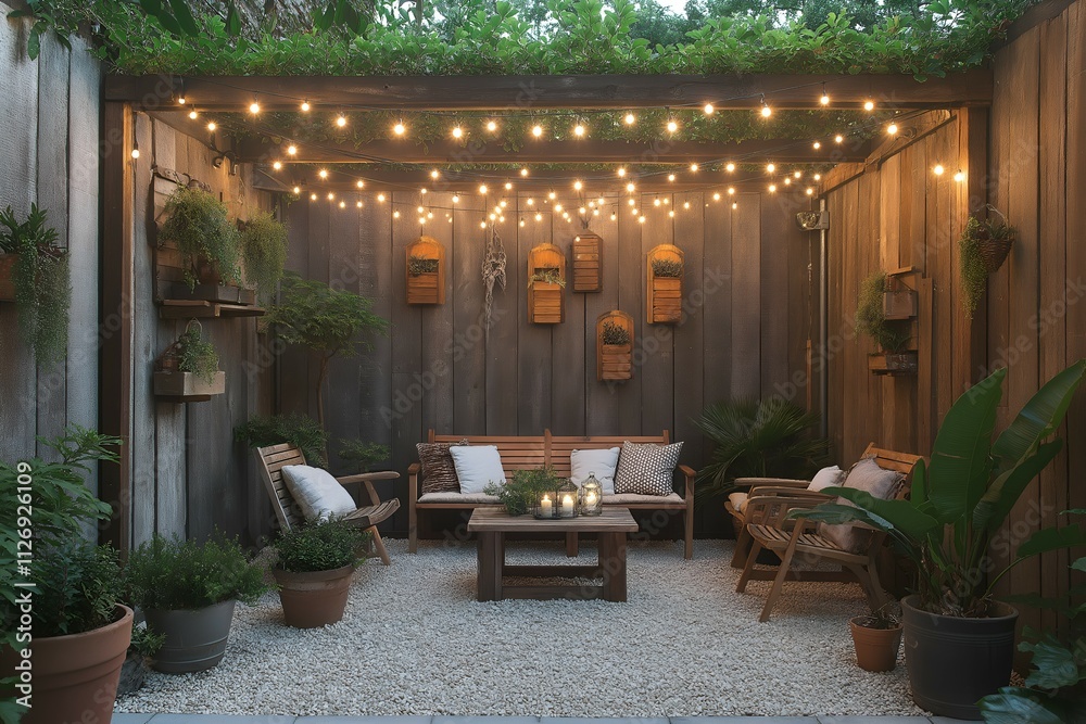 Obraz premium Rustic outdoor patio with string lights, wooden furniture, and Southern greenery for a cozy, modern evening setup