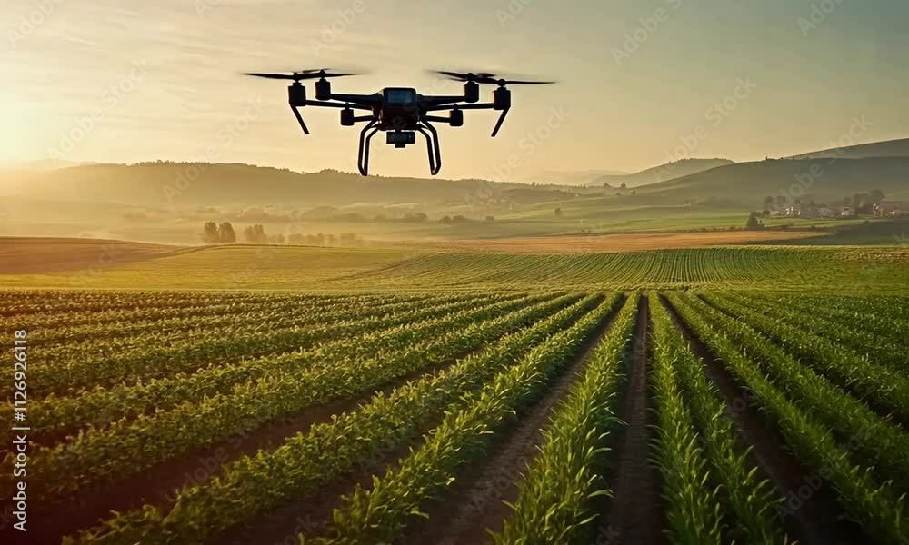 Drone surveying a vast, sunlit agricultural field at sunrise.
