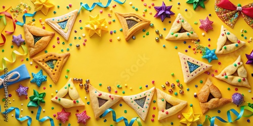 A festive frame of colorful hamantaschen pastries, ribbons, and confetti, celebrating a joyous occasion photo