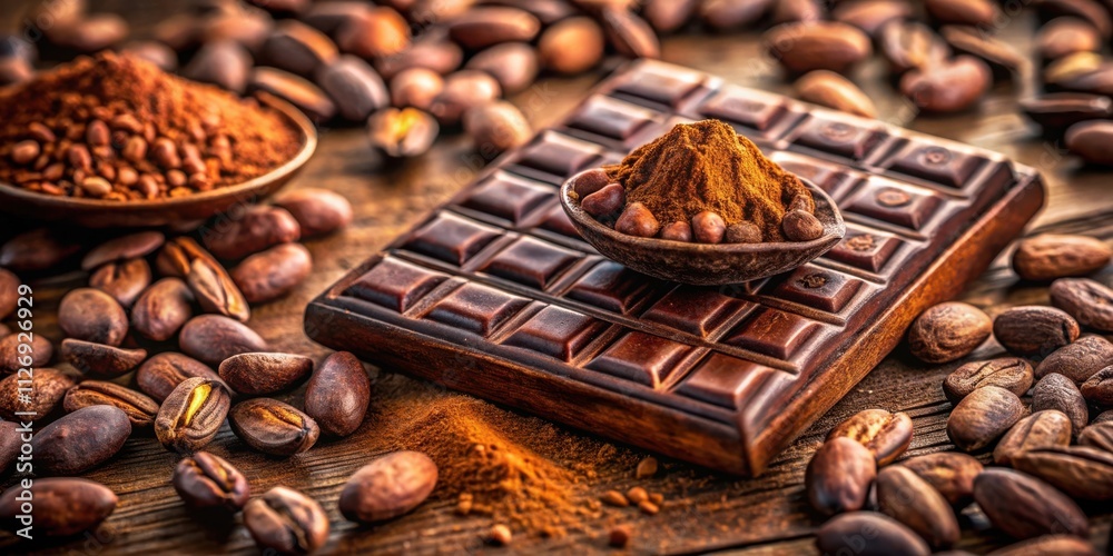 A close-up of dark chocolate bar with cocoa powder and roasted beans on a wooden table