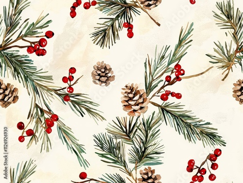 Watercolor Holiday Decorations with Pine Branches, Berries, and Pinecones for Seasonal Inspiration