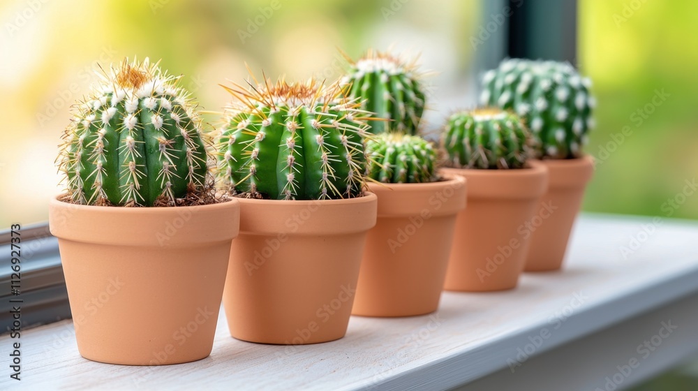 1. A collection of various cacti in different shapes, sizes, and shades of green, housed in a row of ceramic pots on a sunny windowsill, creating a mini desert oasis indoors. 1. A collection of various cacti in different shapes, sizes, and shades of green, housed in a row of ceramic pots on a sunny windowsill, creating a mini desert oasis indoors.