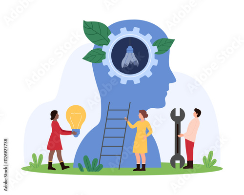 Boost of productivity, effective method of skills development for entrepreneur, leadership. Tiny people change broken light bulb inside human head of leader to bright lamp cartoon vector illustration