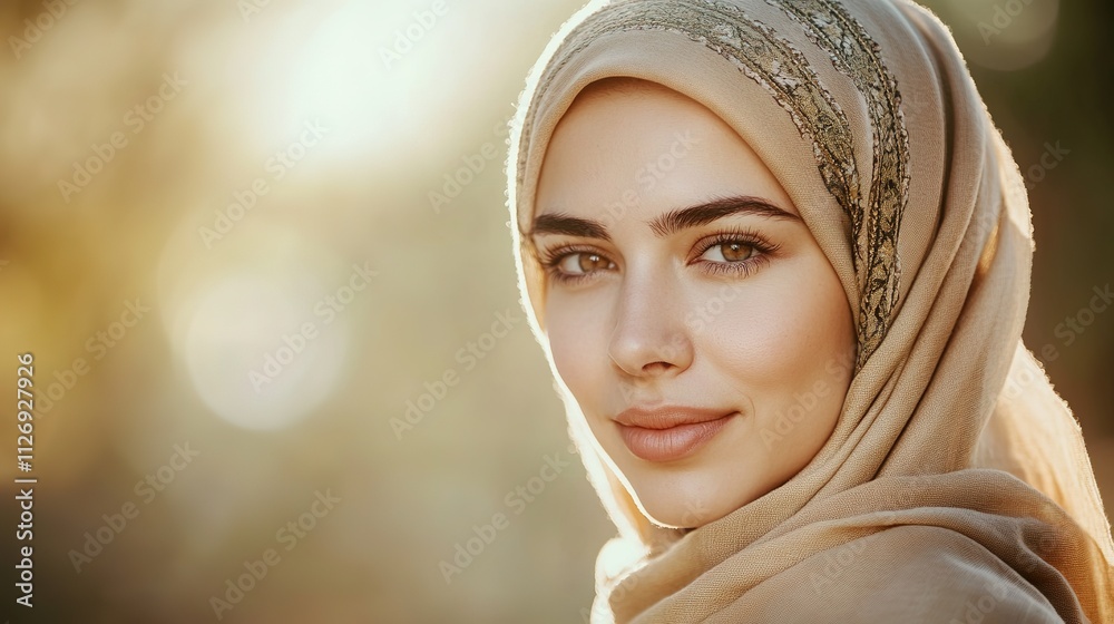portrait of woman wearing headscarf with calm expression and blurred soft-toned background