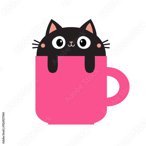 Cat in pink tea coffee cup. Paws hand. Funny black kitten. Cute cartoon funny baby animal pet character. Happy Valentines Day. Love greeting card. Flat design. White background. Vector illustration