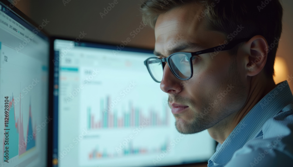 A focused young man in glasses analyzes data on dual computer screens at night. A focused young man in glasses analyzes data on dual computer screens at night.