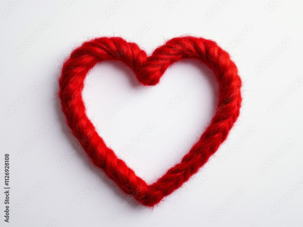 Red braided rope shaped into a heart against a clean white background, symbolizing love and affection, Valentine's Day Red braided rope shaped into a heart against a clean white background, symbolizing love and affection, Valentine's Day