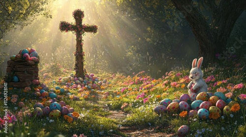 A radiant cross with the Easter Bunny arranging painted eggs on a flower-filled meadow in spring sunlight. photo