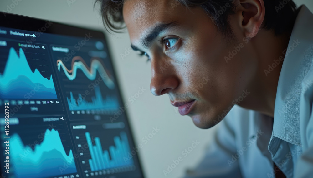 Man analyzing financial data on computer screen with charts.