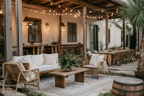 Rustic outdoor patio with string lights, wooden furniture, and Southern greenery for a cozy, modern evening setup