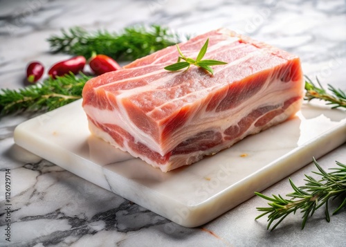 Panoramic Raw Pork Belly on Marble Cutting Board - Butcher Shop Quality Meat