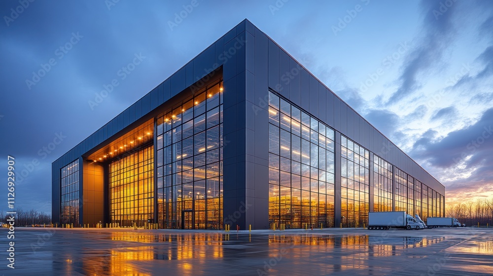 Modern industrial building at sunset. Modern industrial building at sunset.