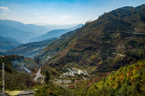 Aerial view of Yuanyang rice terrace at sunrise, Yunnan province, China photo