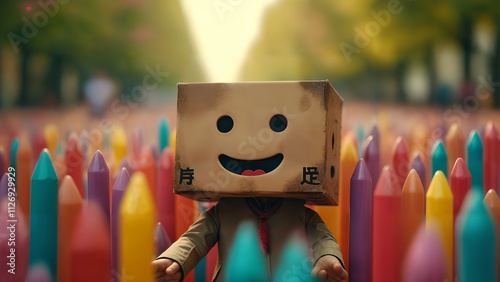 Boxhead Among Multicolored Nails Representing Emotions in a Joyful Celebration photo