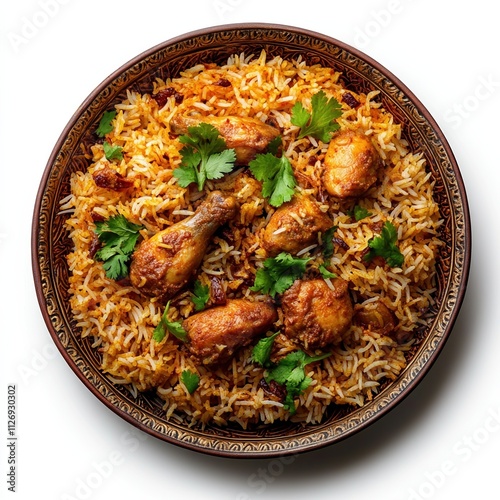 Delicious biryani featuring tender chicken and aromatic spices presented in an elegant display