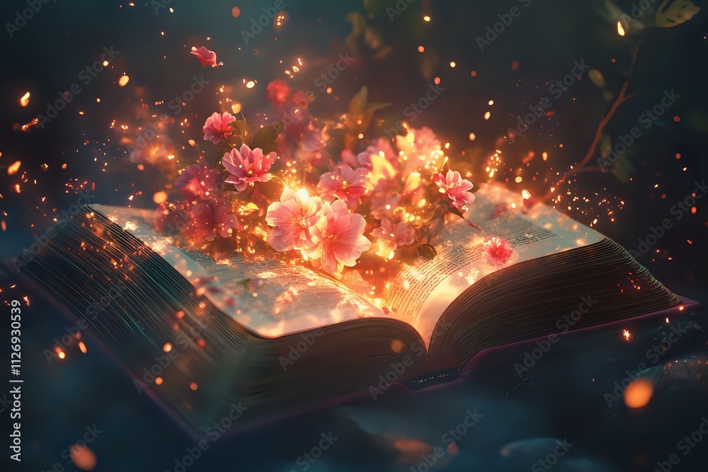 Naklejka premium Magical blooming flowers from an open book.