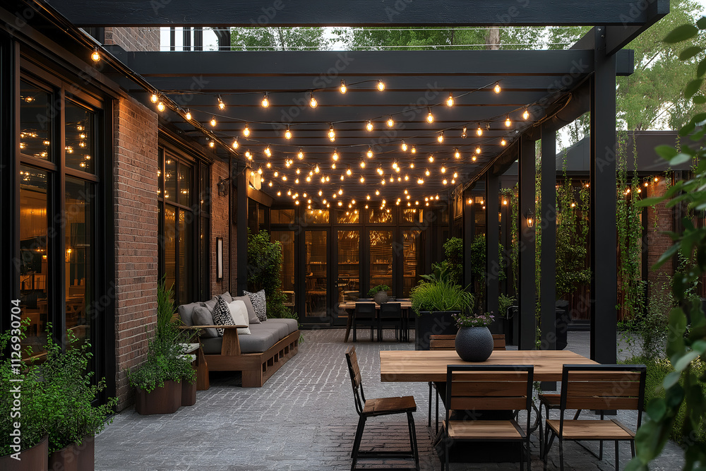 Fototapeta premium Rustic outdoor patio with string lights, wooden furniture, and Southern greenery for a cozy, modern evening setup