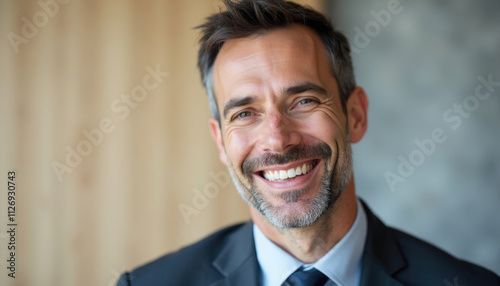 A portrait of a smiling middle aged man in a suit conveying success and confidence.