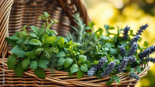 A wicker basket overflowing with a fragrant collection of fresh herbs and lavender blossoms