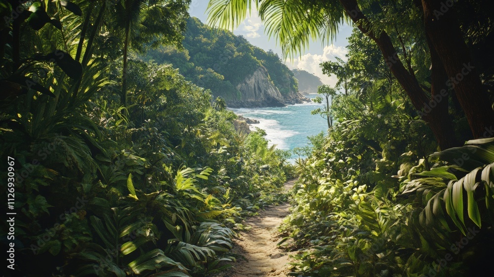 Explore a Scenic Pathway Through Lush Tropical Forest to the Tranquil Beach Explore a Scenic Pathway Through Lush Tropical Forest to the Tranquil Beach
