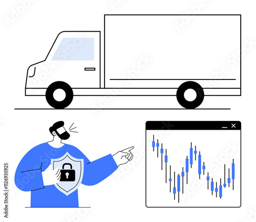 Truck and security official pointing at a data chart displaying a fluctuating trend. Ideal for logistics, transportation analysis, data security, shipping efficiency, market trends, supply chain