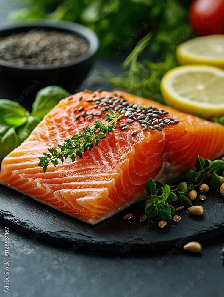 Fresh salmon fillet garnished with herbs and healthy ingredients for a low carb meal Fresh salmon fillet garnished with herbs and healthy ingredients for a low carb meal