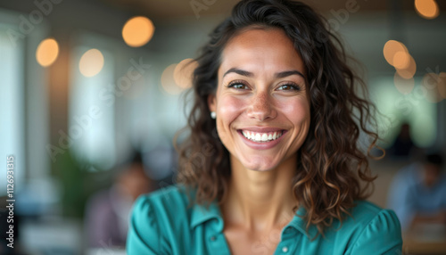 Young woman in teal shirt smiles in modern office.