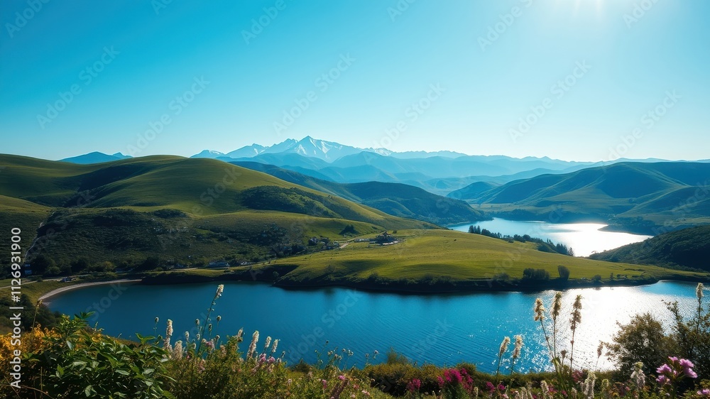 Serene mountain lake nestled in a valley of rolling green hills under a bright summer sky Serene mountain lake nestled in a valley of rolling green hills under a bright summer sky