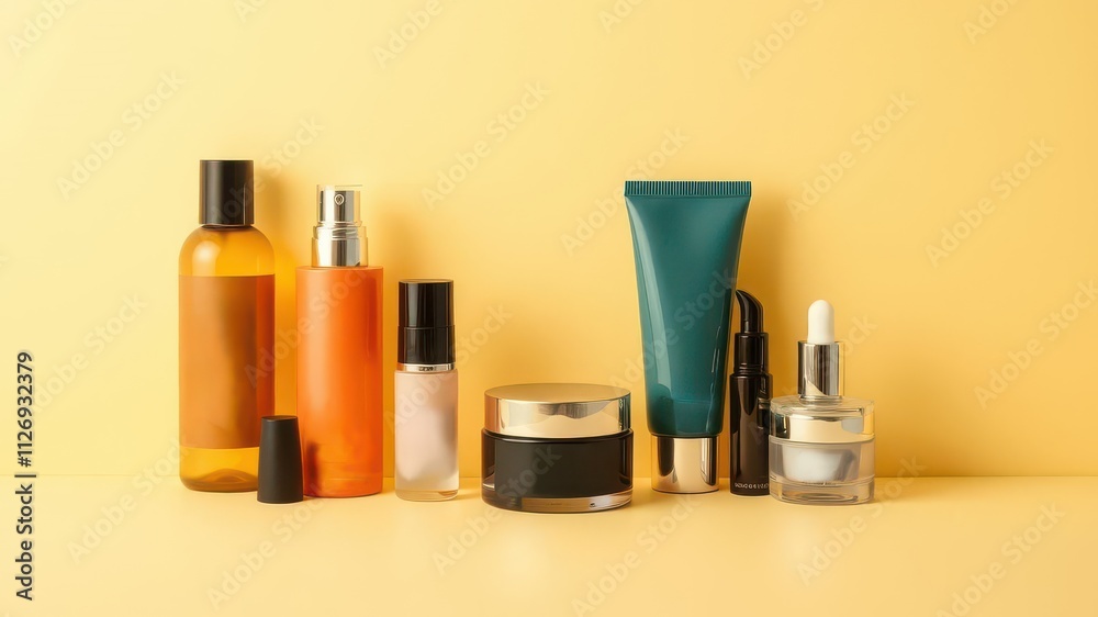 Cosmetic products displayed on a pastel yellow background for elegant product presentation, fashion