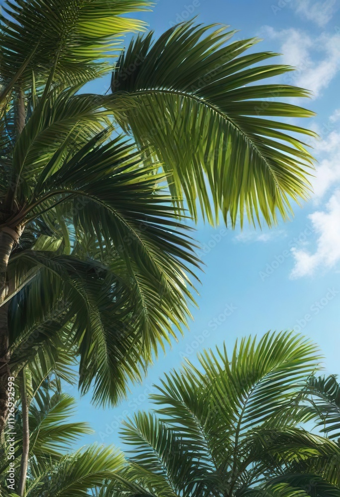 Exotic tropical palm leaves against a clear blue sky, tropical, freshness Exotic tropical palm leaves against a clear blue sky, tropical, freshness
