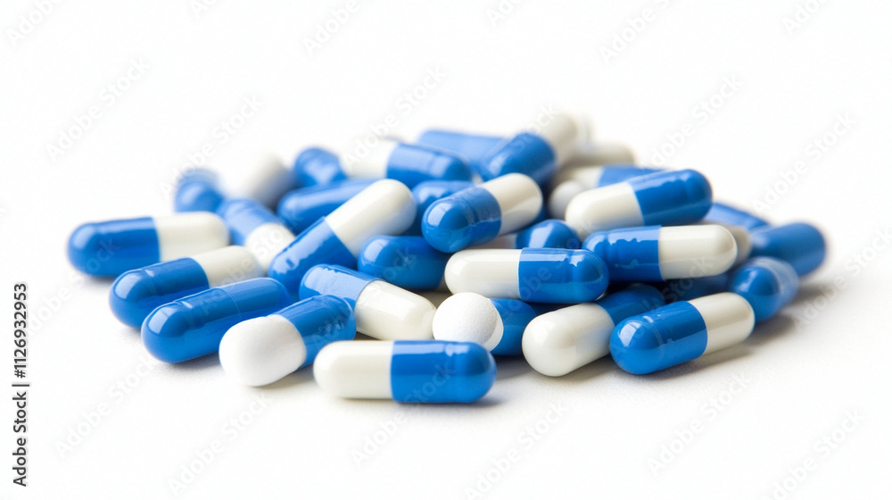 a pile of blue and white medical pills a pile of blue and white medical pills